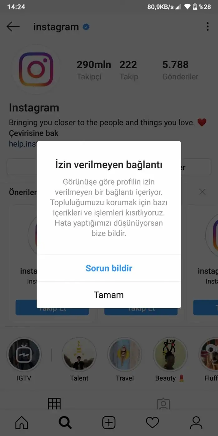 instagram izin verilmeyen bağlantı hatası çözümü