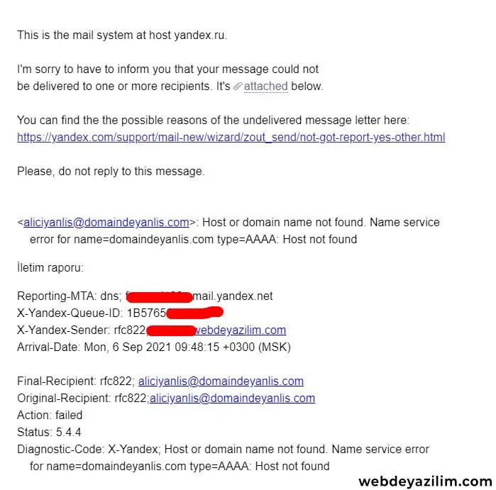 mailer-daemon@yandex.ru hatası çözümü