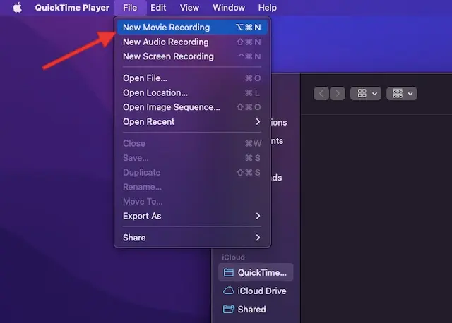 QuickTime'da Yeni Film Kaydı'nı Seçin