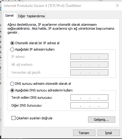 windows dns ayarları