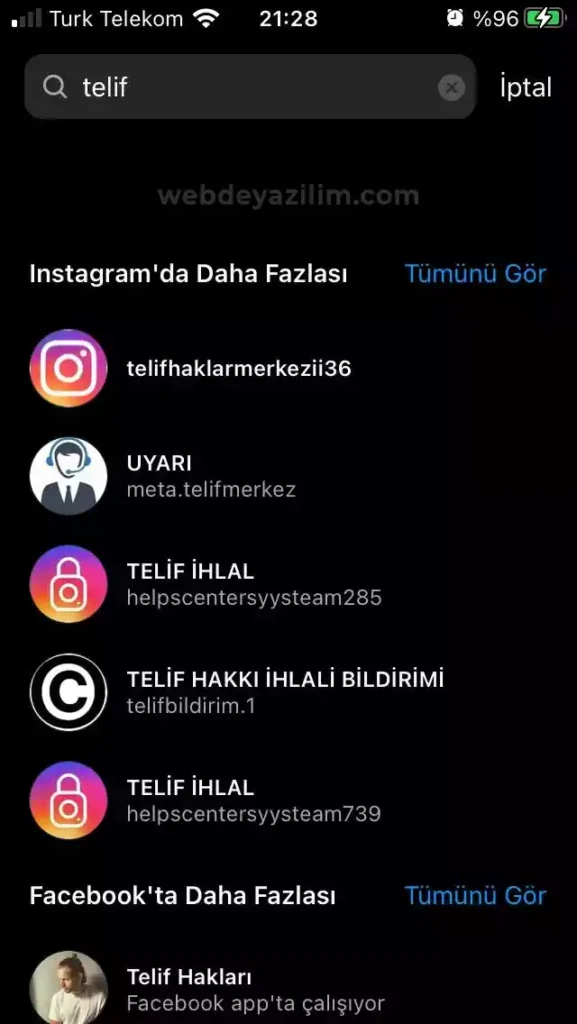 Instagram telif hakkı mesajı için açılmış bazı hesaplar
