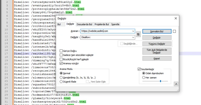Notepad ++ Programı ile Bul ve Değiştir Yöntemi Sayesinde Robots.txt içeriği oluşturma